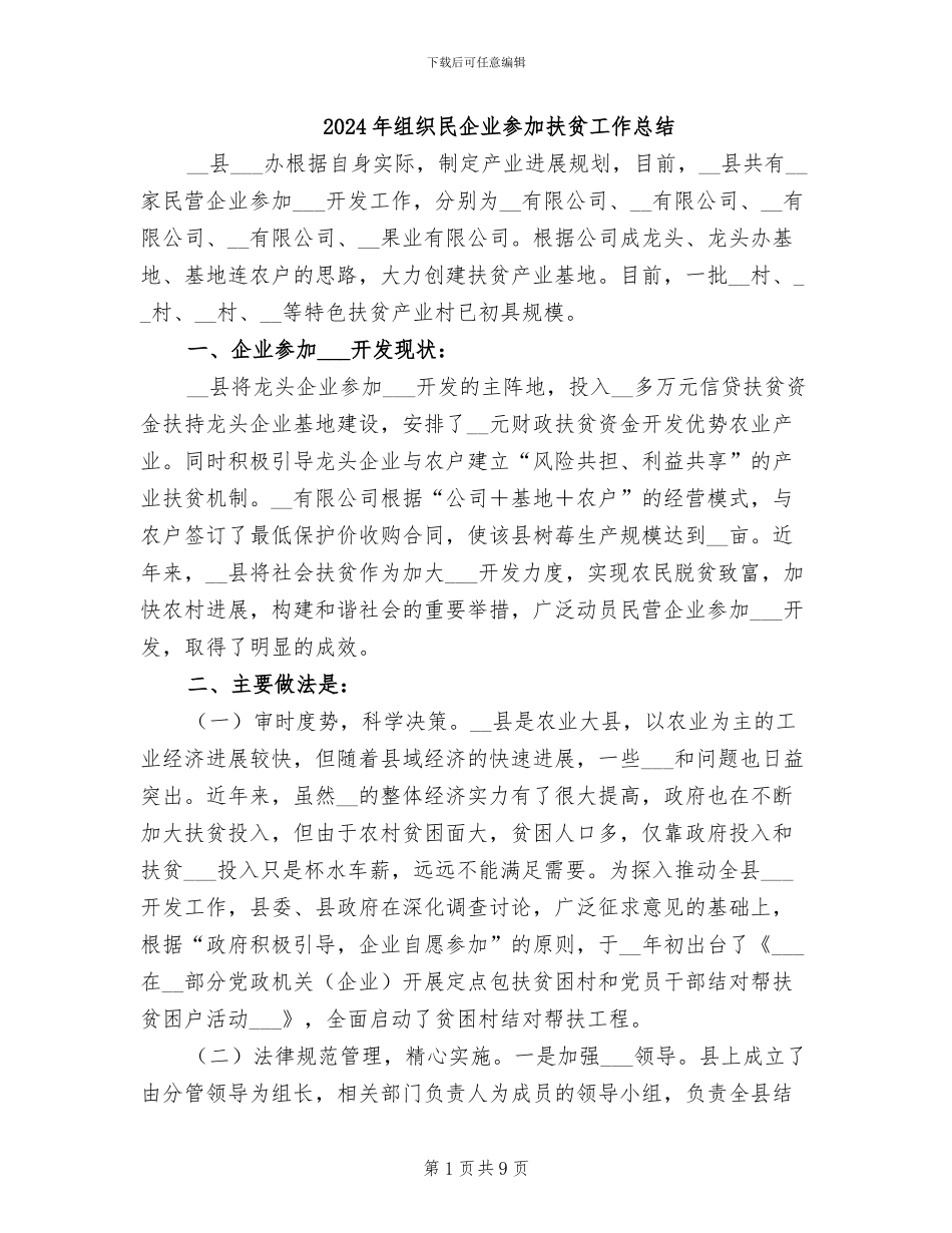 2024年组织民企业参与扶贫工作总结_第1页