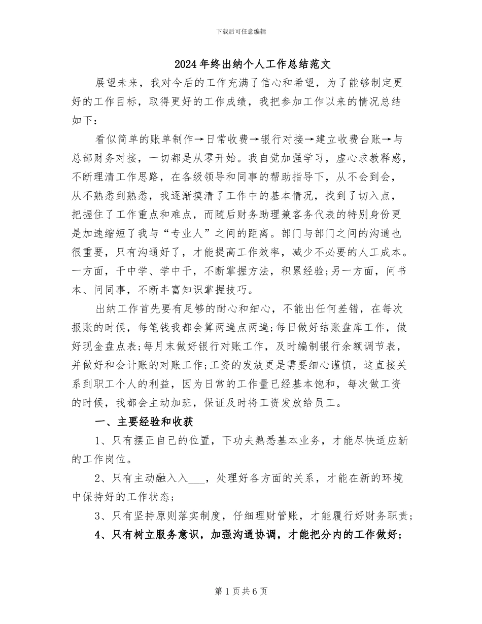 2024年终出纳个人工作总结范文_第1页