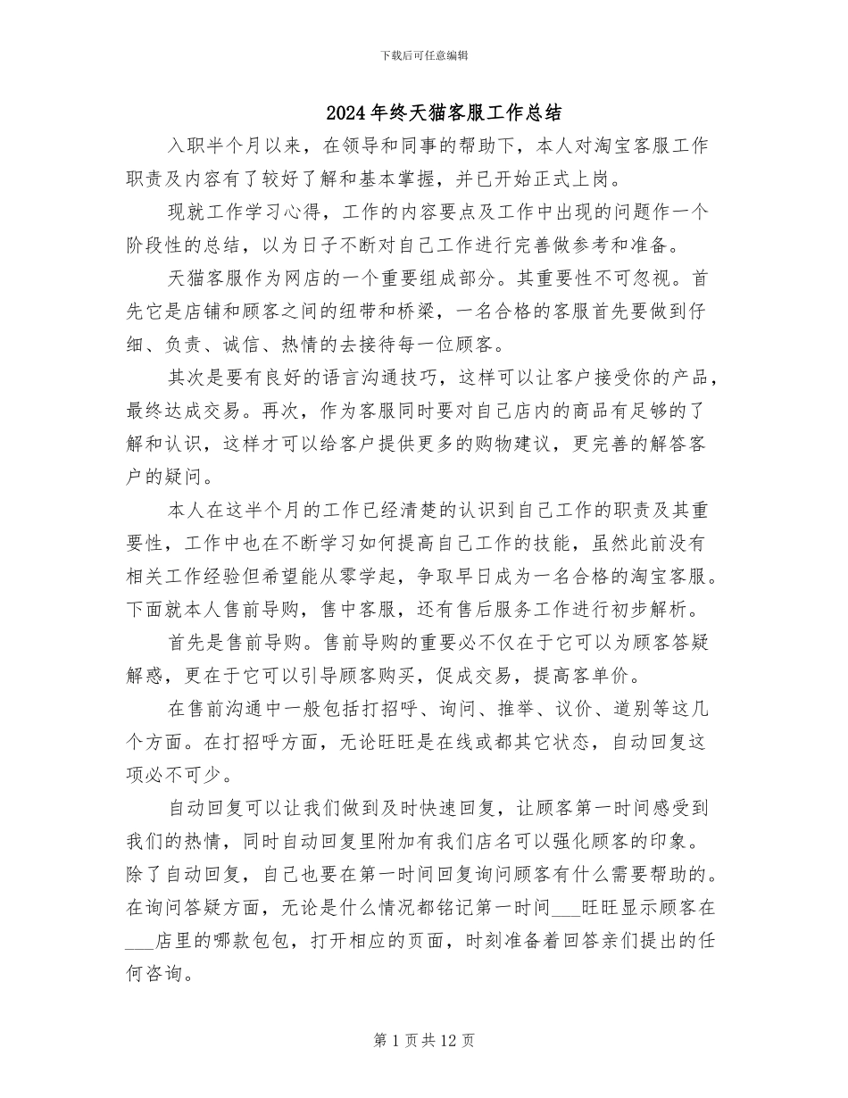 2024年终天猫客服工作总结_第1页