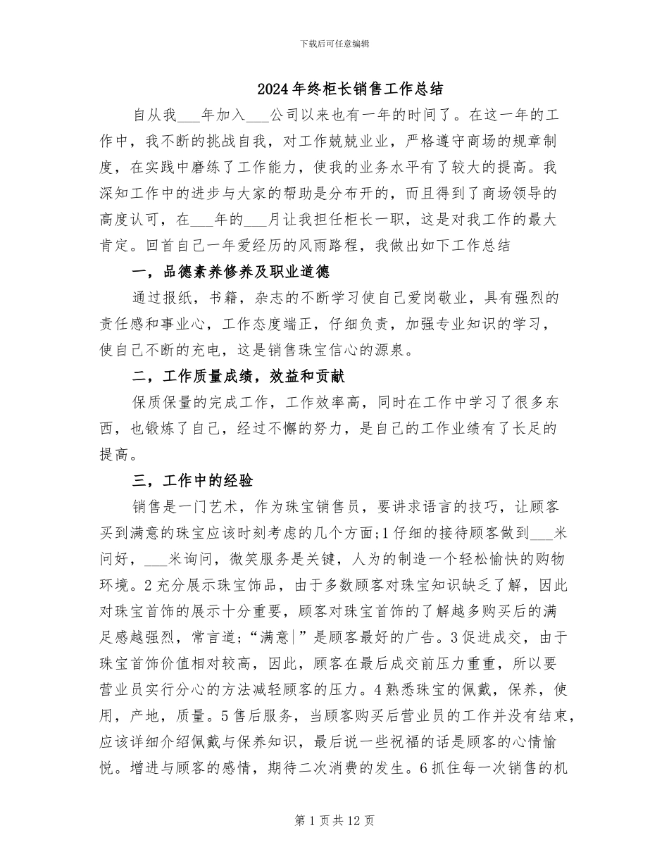 2024年终柜长销售工作总结_第1页