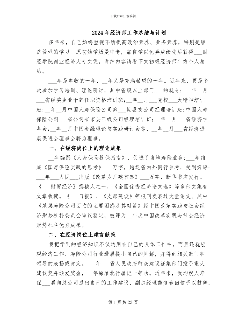 2024年经济师工作总结与计划_第1页