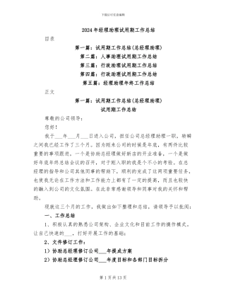 2024年经理助理试用期工作总结