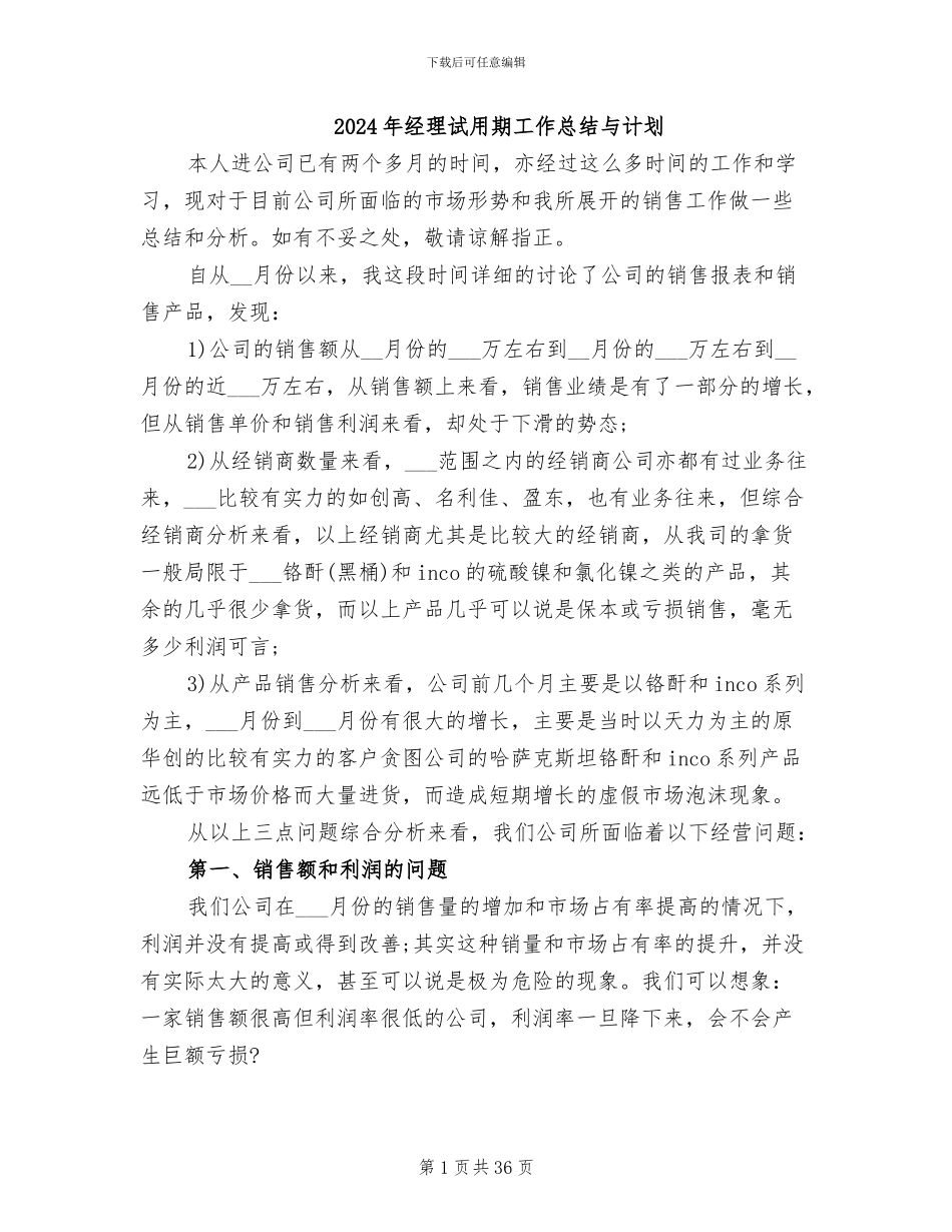 2024年经理试用期工作总结与计划_第1页