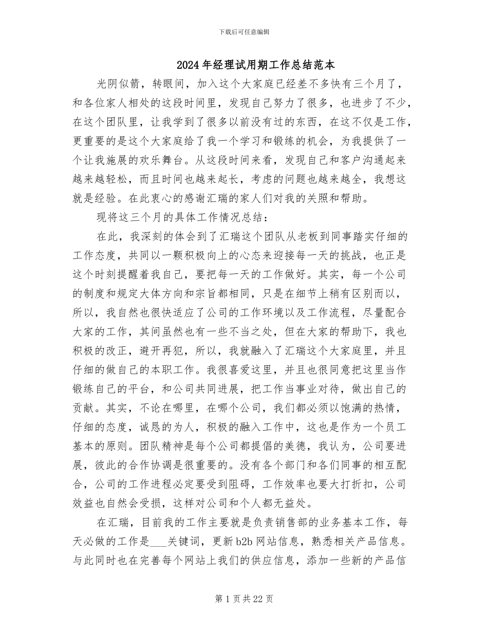 2024年经理试用期工作总结范本_第1页