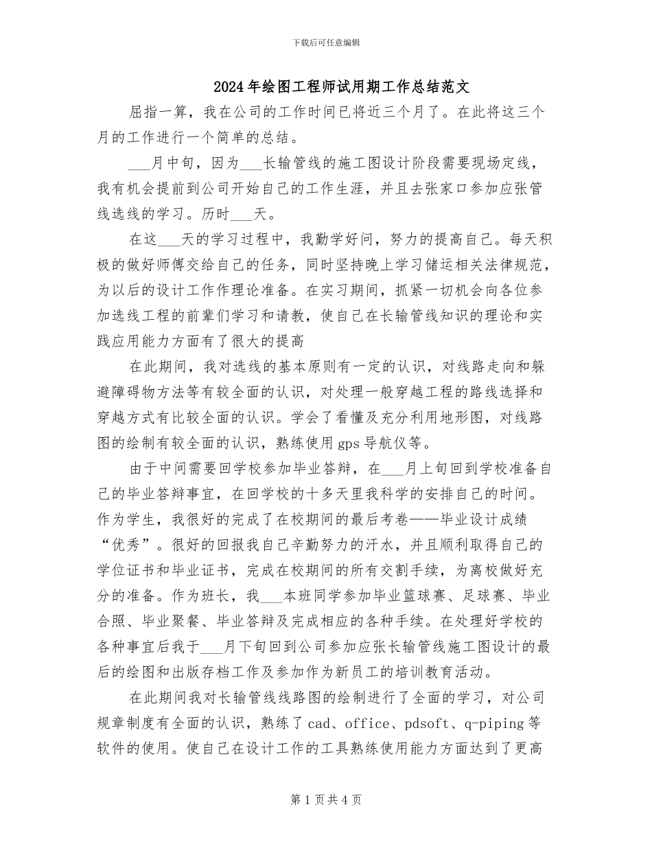 2024年绘图工程师试用期工作总结范文_第1页