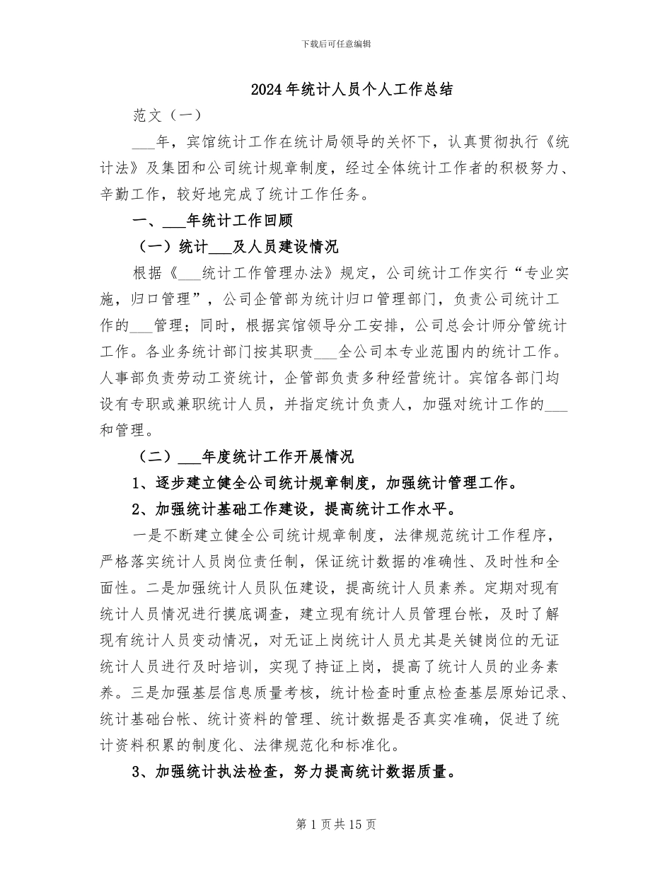 2024年统计人员个人工作总结_第1页
