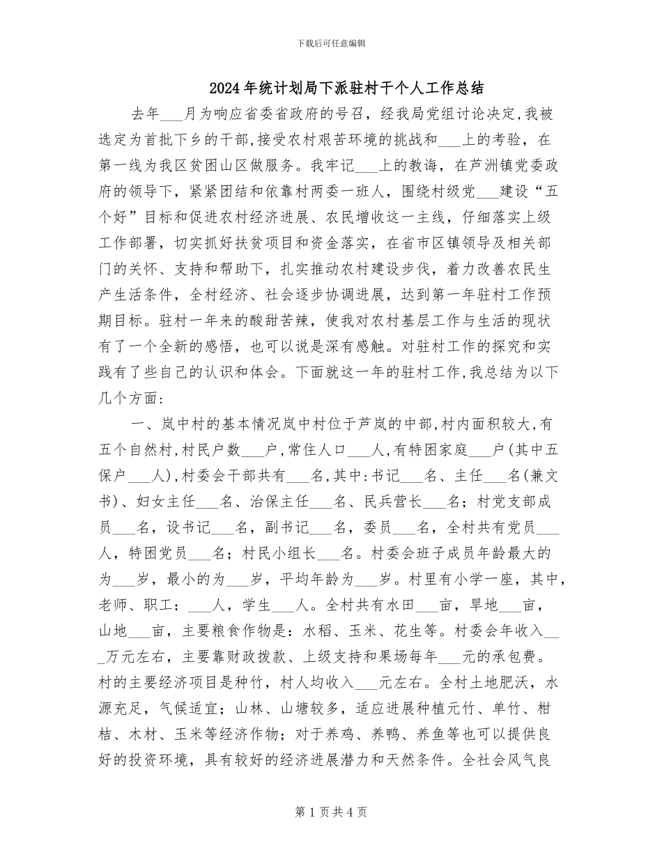 2024年统计划局下派驻村干个人工作总结_第1页