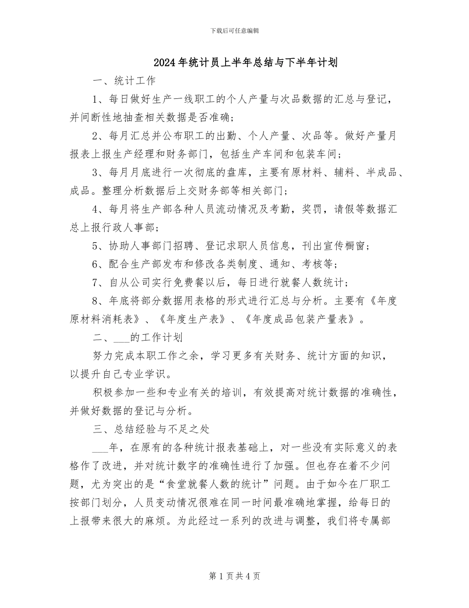 2024年统计员上半年总结与下半年计划_第1页