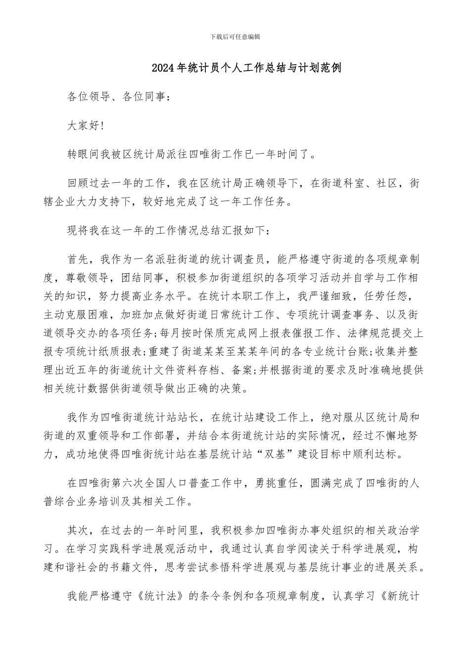 2024年统计员个人工作总结与计划范例_第1页