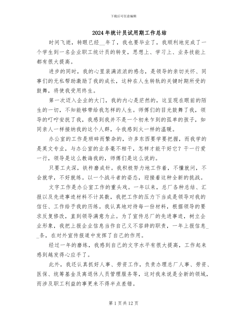 2024年统计员试用期工作总结_第1页