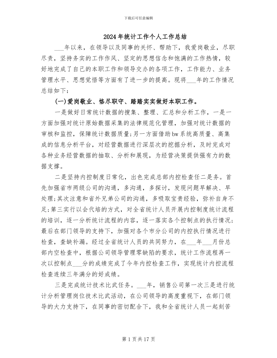 2024年统计工作个人工作总结_第1页