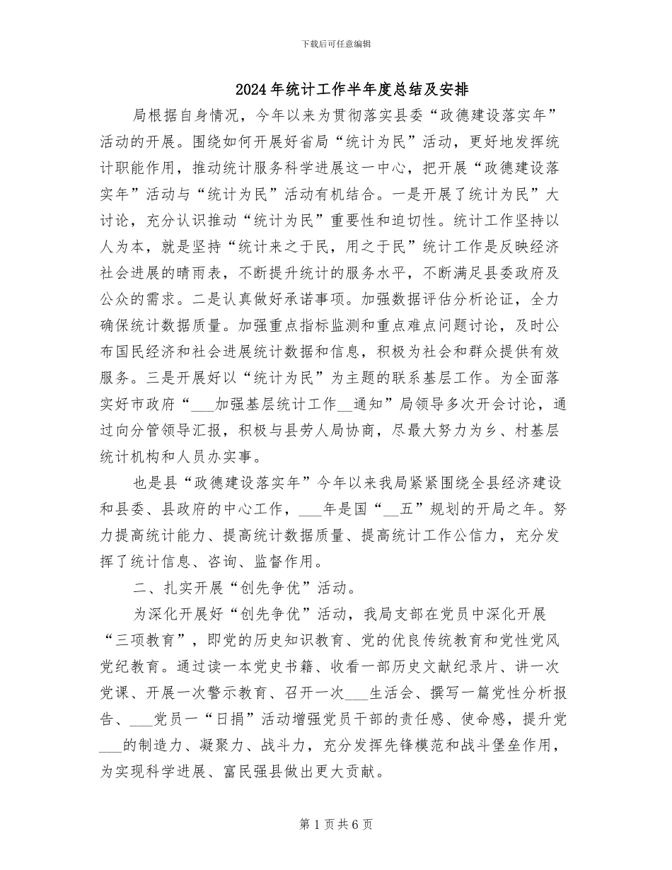 2024年统计工作半年度总结及安排_第1页