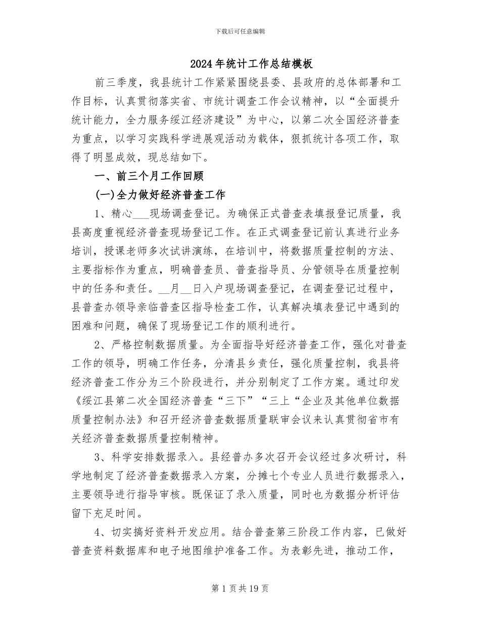 2024年统计工作总结模板_第1页