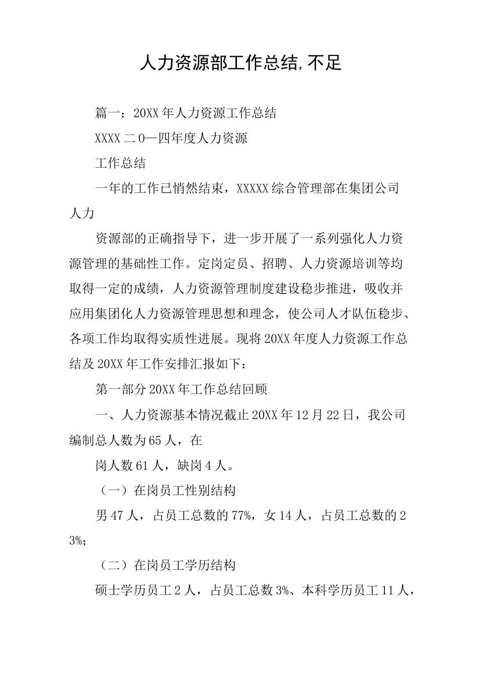 人力资源部工作总结,不足_第1页