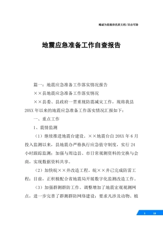 地震应急准备工作自查报告