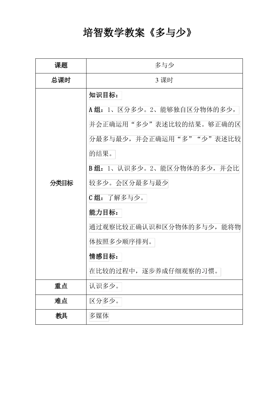 培智使用数学第一册多与少教案_第1页