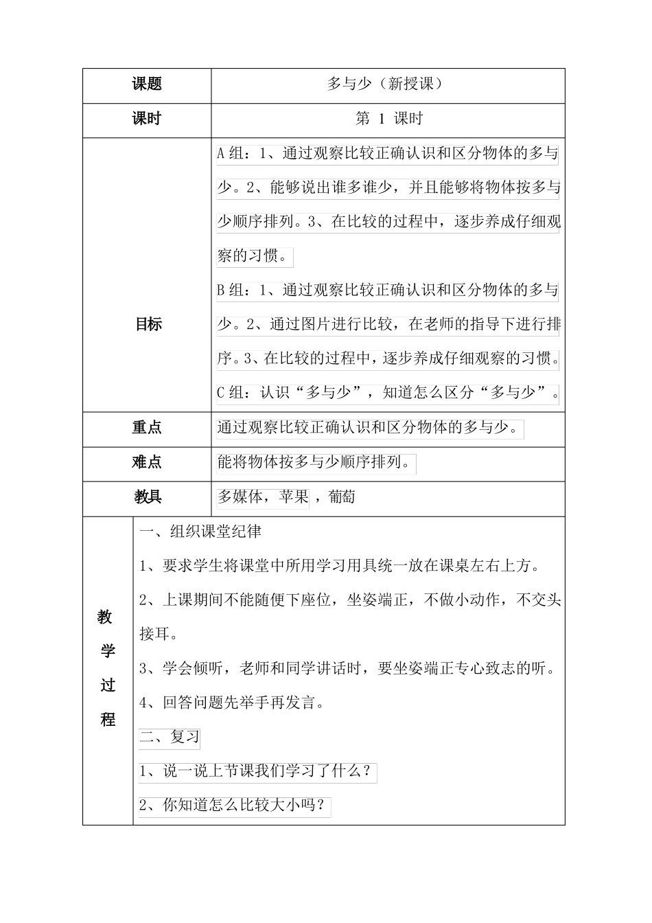 培智使用数学第一册多与少教案_第2页