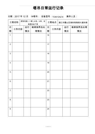 塔吊日常运行记录