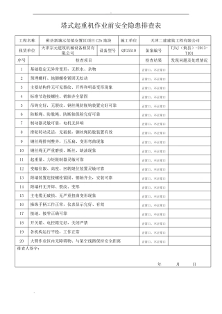 塔式起重机作业前安全隐患排查表天津地区