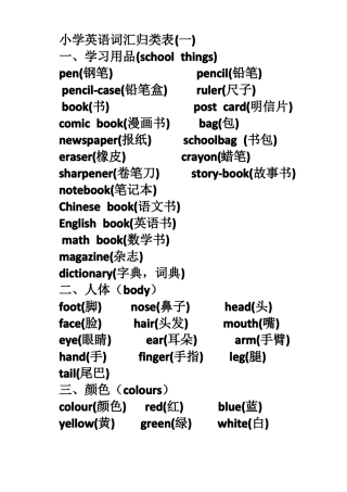 外研版小学英语词汇归类表