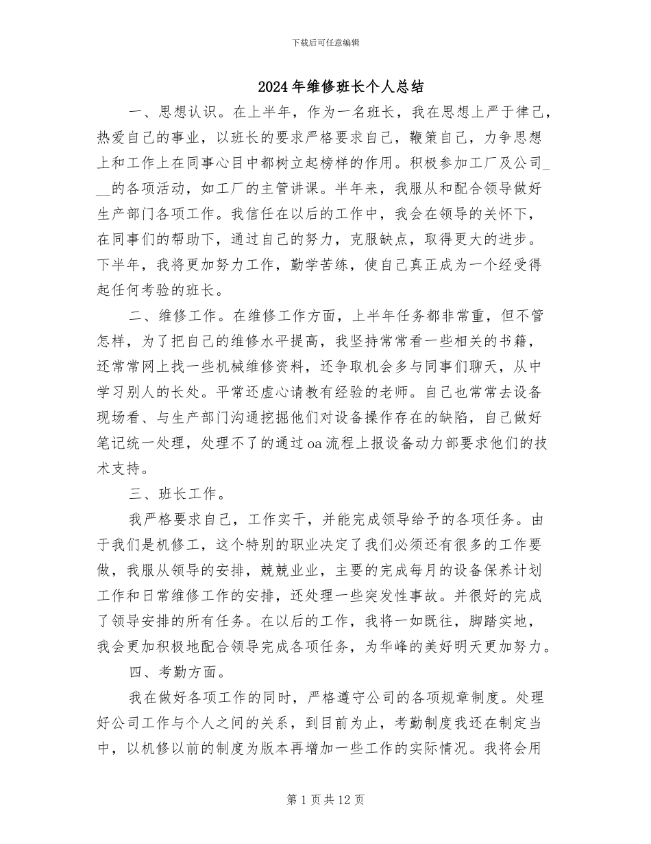 2024年维修班长个人总结_第1页