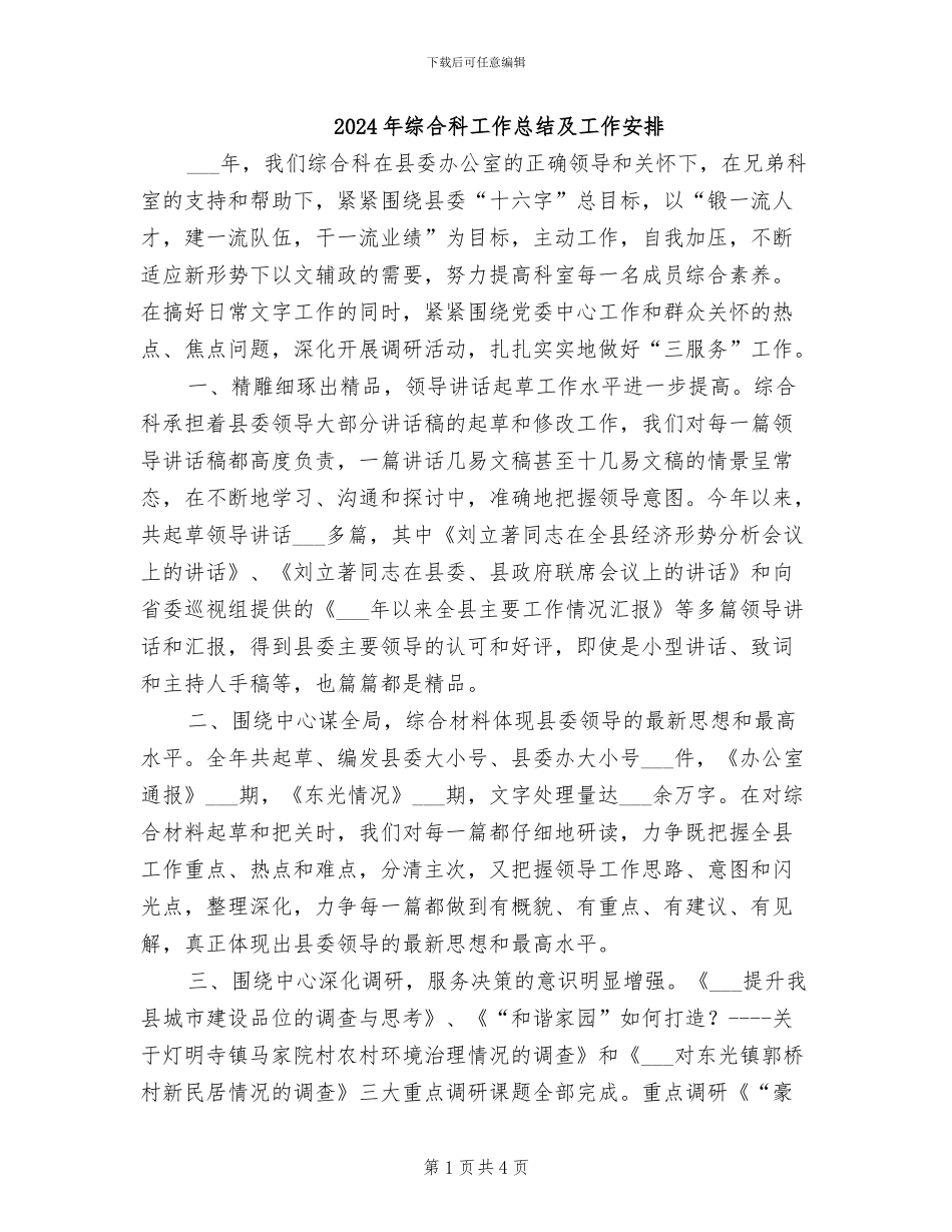 2024年综合科工作总结及工作安排_第1页