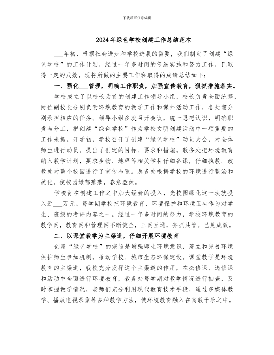 2024年绿色学校创建工作总结范本_第1页