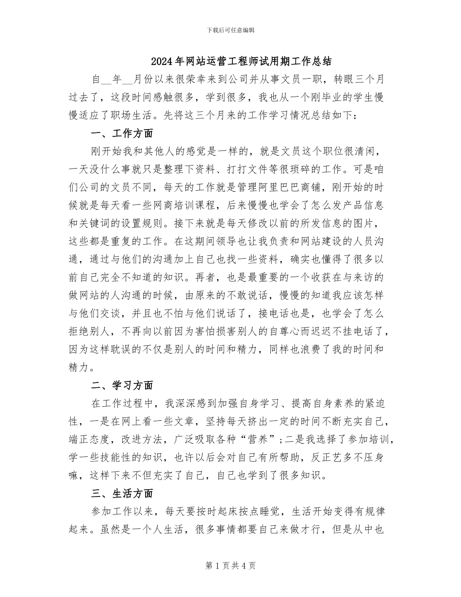 2024年网站运营工程师试用期工作总结_第1页