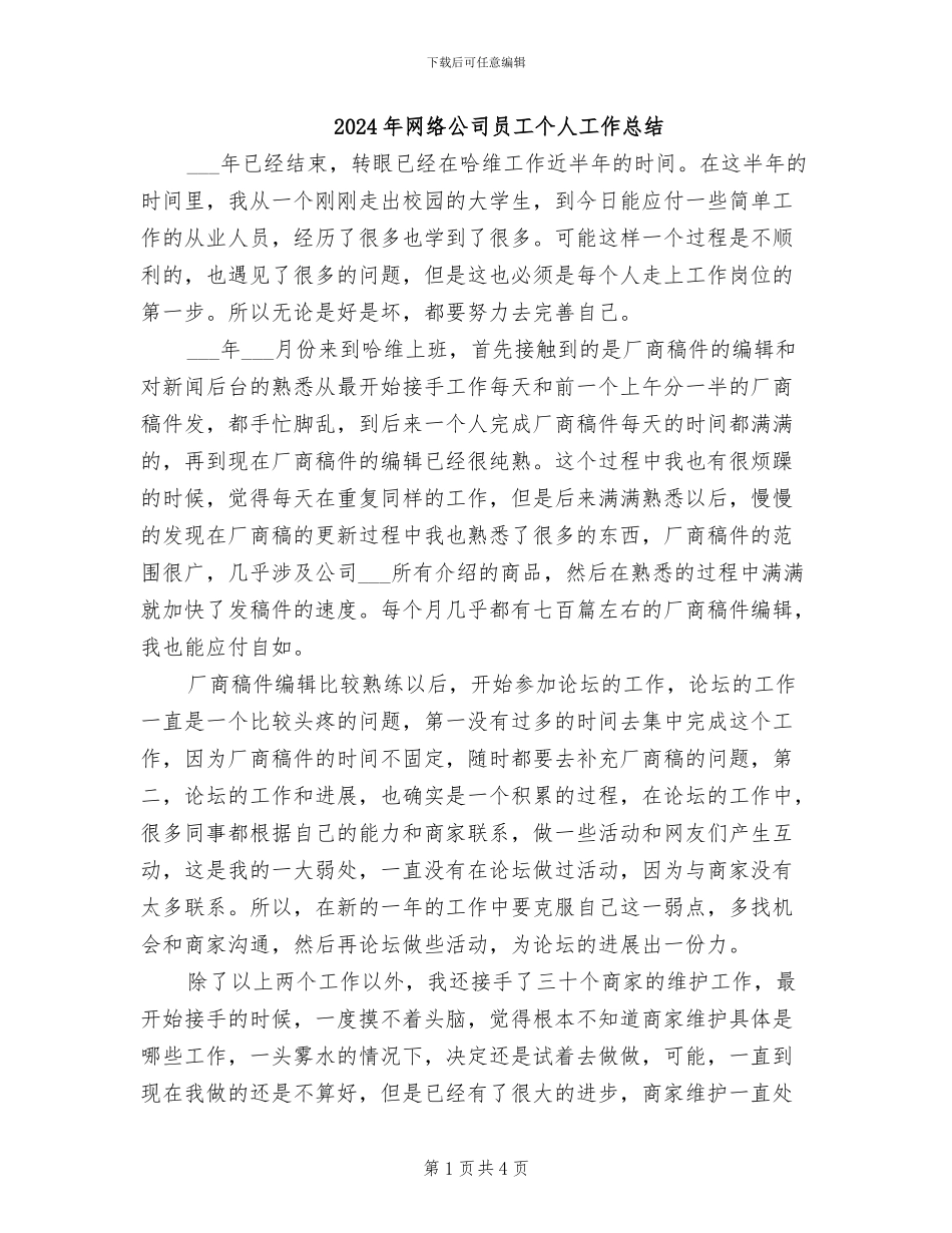 2024年网络公司员工个人工作总结_第1页