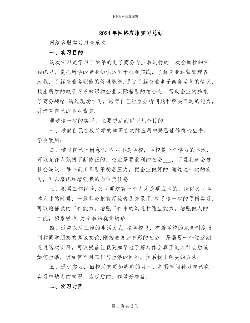 2024年网络客服实习总结_第1页