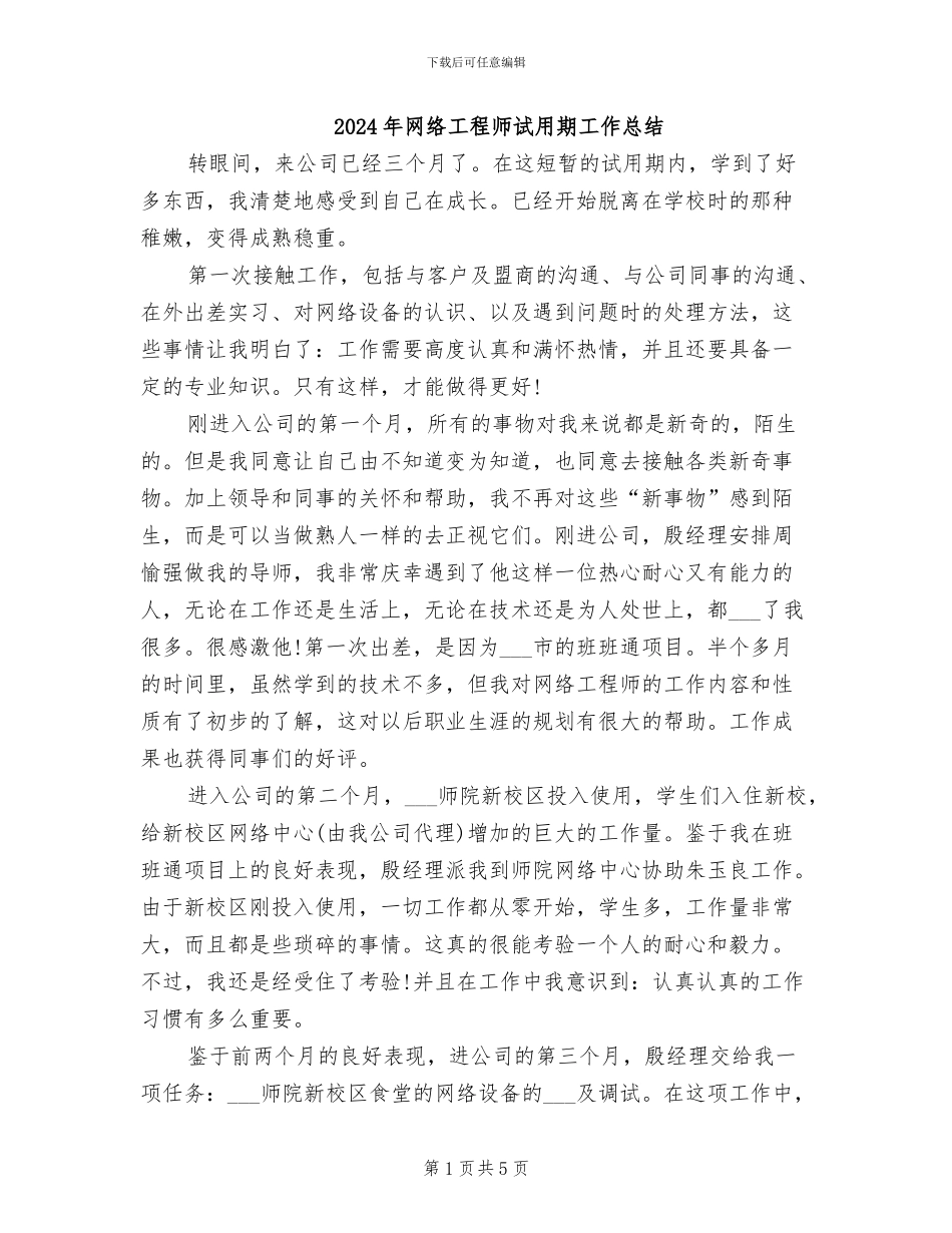 2024年网络工程师试用期工作总结_第1页