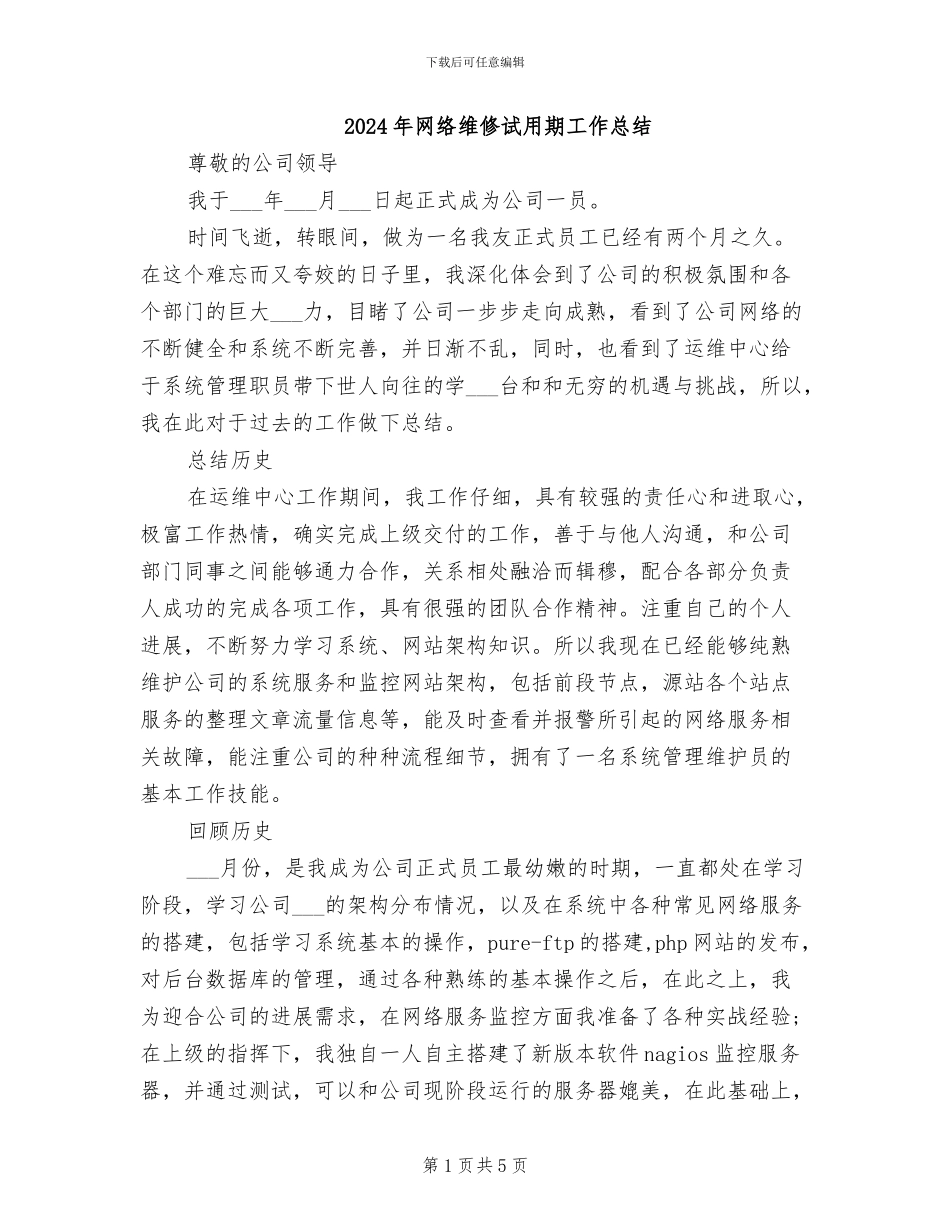 2024年网络维修试用期工作总结_第1页