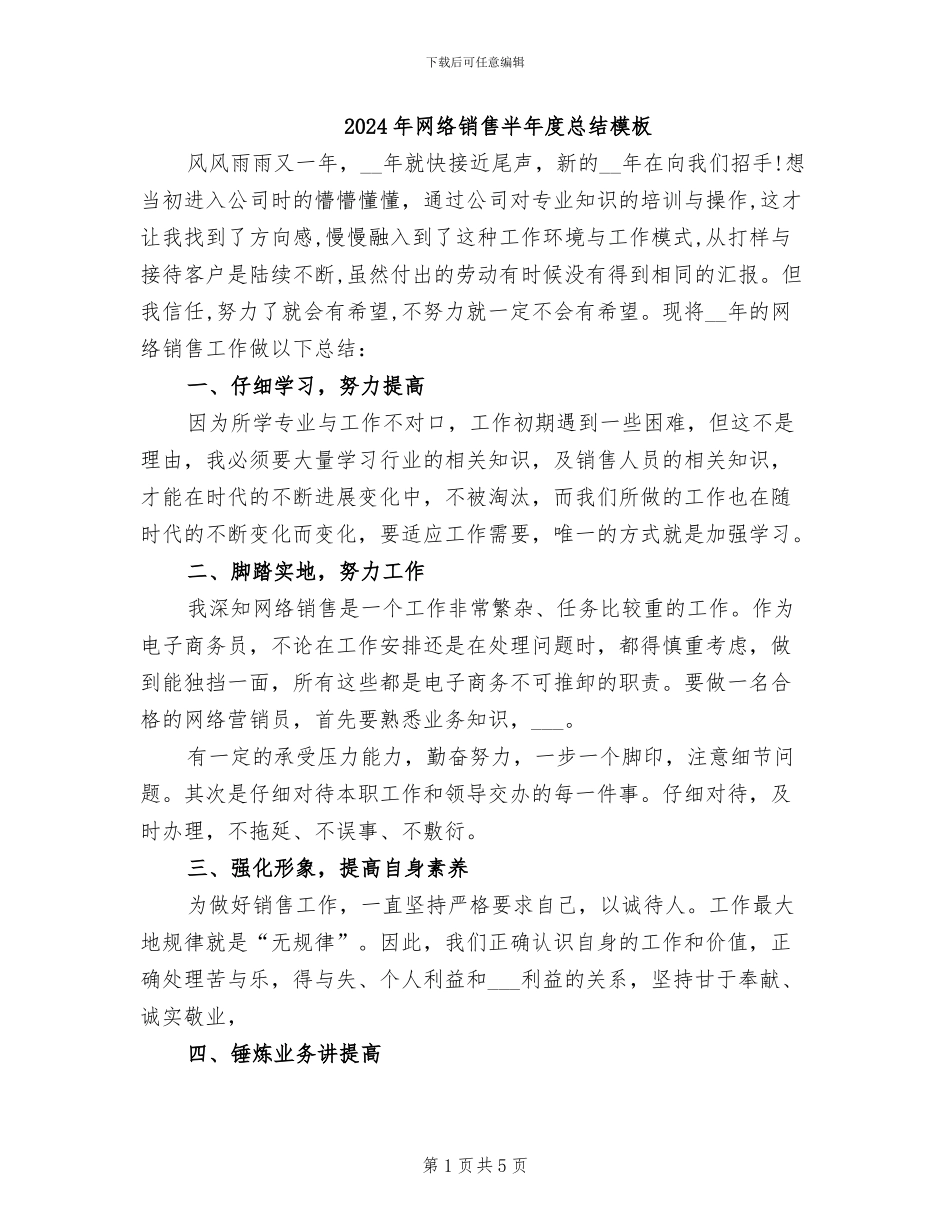 2024年网络销售半年度总结模板_第1页