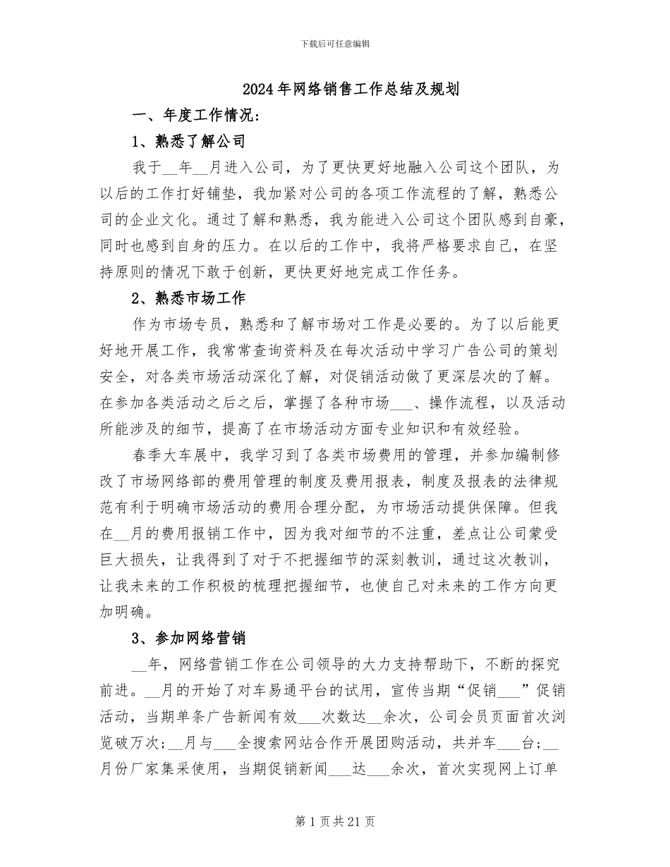 2024年网络销售工作总结及规划_第1页