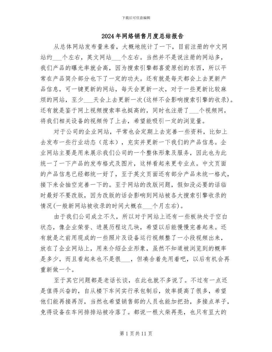 2024年网络销售月度总结报告_第1页
