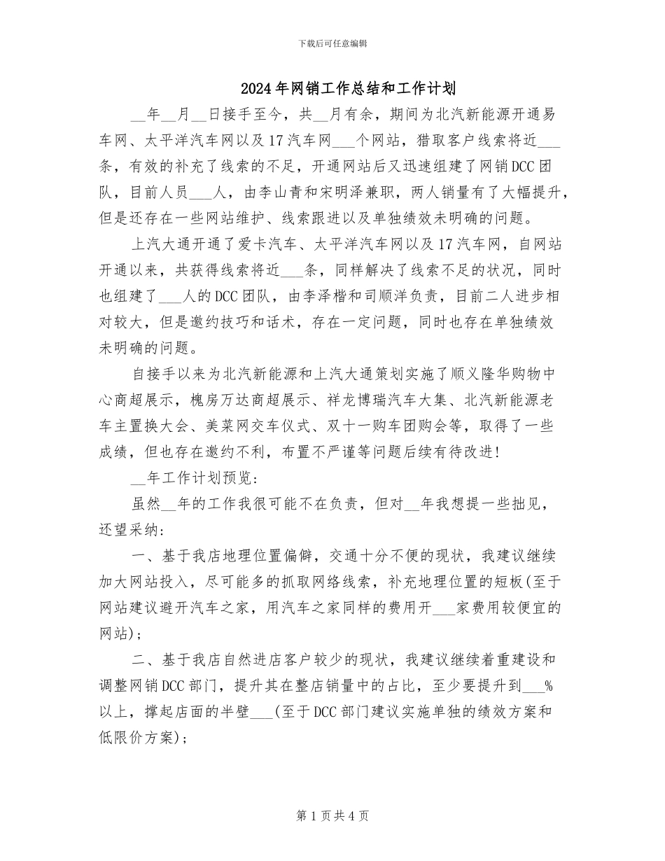 2024年网销工作总结和工作计划_第1页