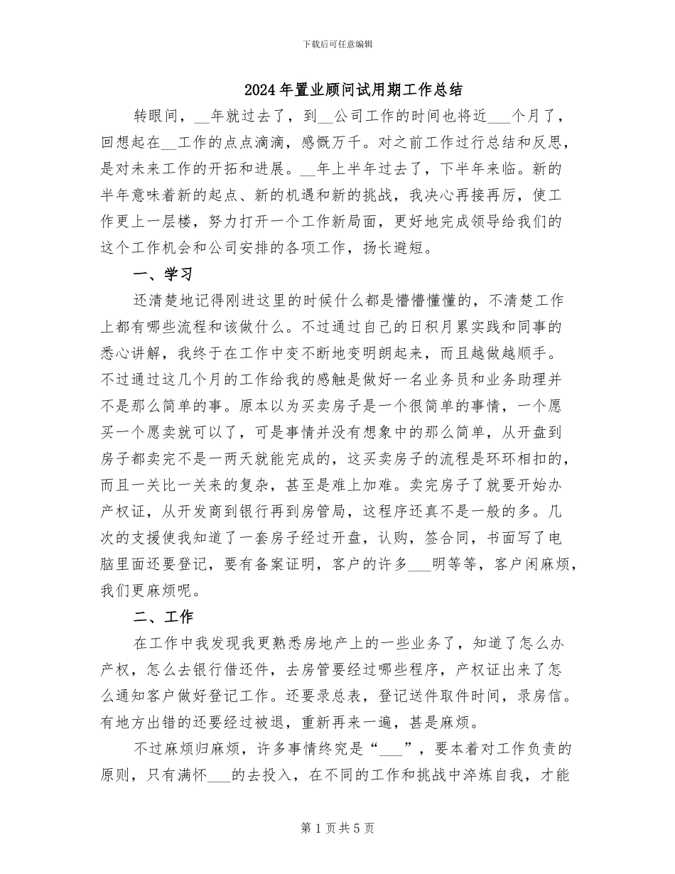 2024年置业顾问试用期工作总结_第1页
