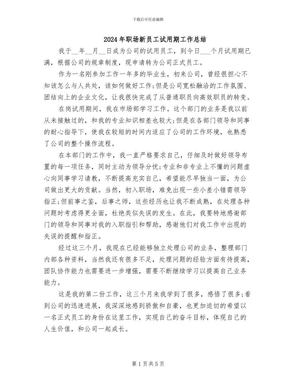 2024年职场新员工试用期工作总结_第1页