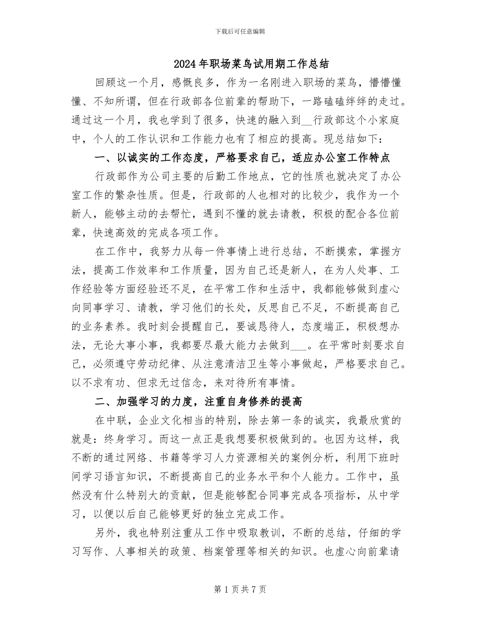 2024年职场菜鸟试用期工作总结_第1页
