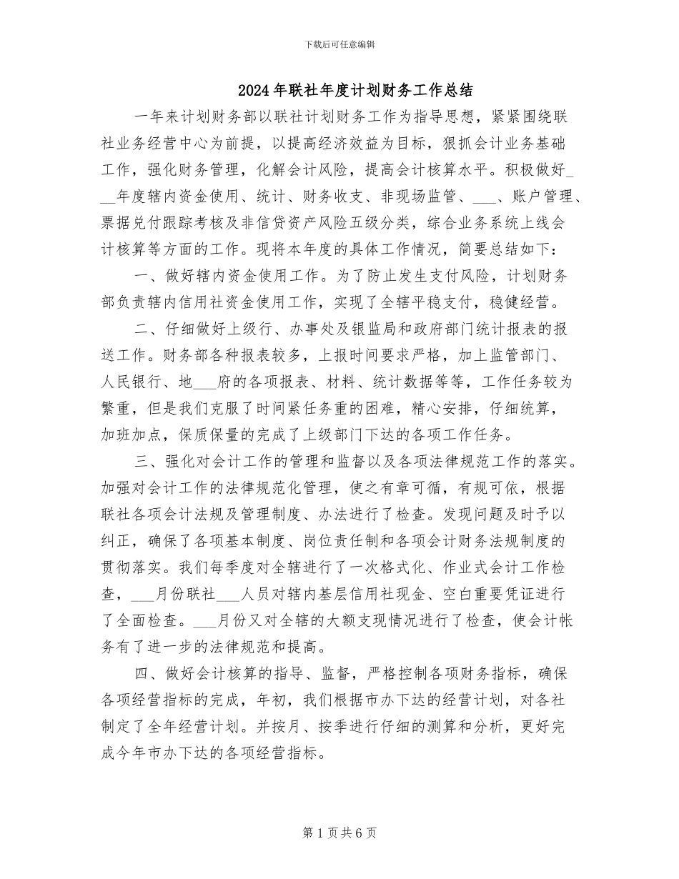 2024年联社年度计划财务工作总结_第1页