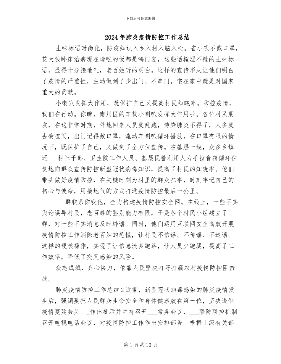 2024年肺炎疫情防控工作总结_第1页