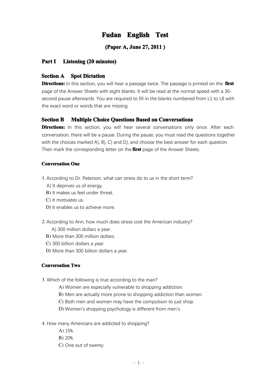 大学专业试卷复旦大学英语水平考试笔试样卷及答案_第1页