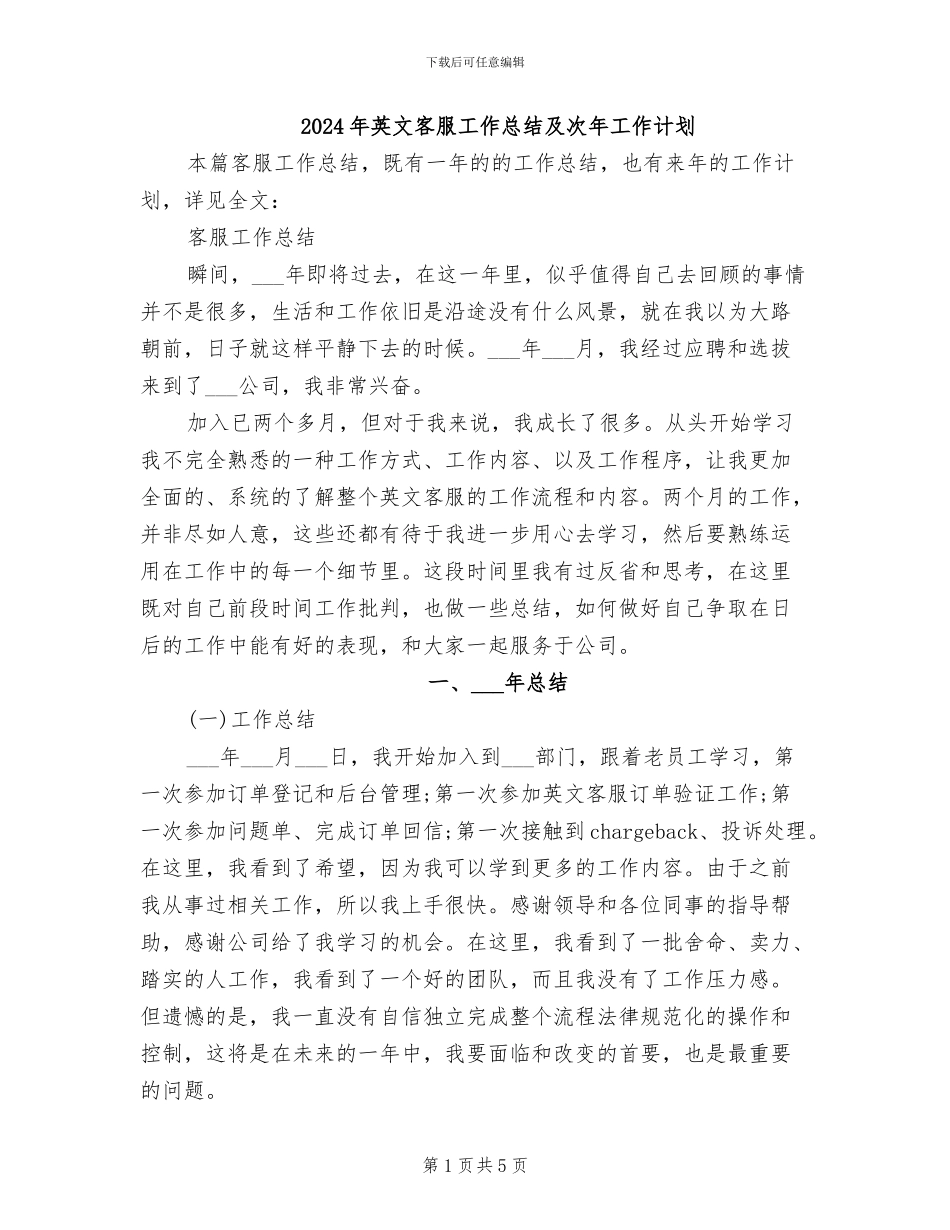 2024年英文客服工作总结及次年工作计划_第1页