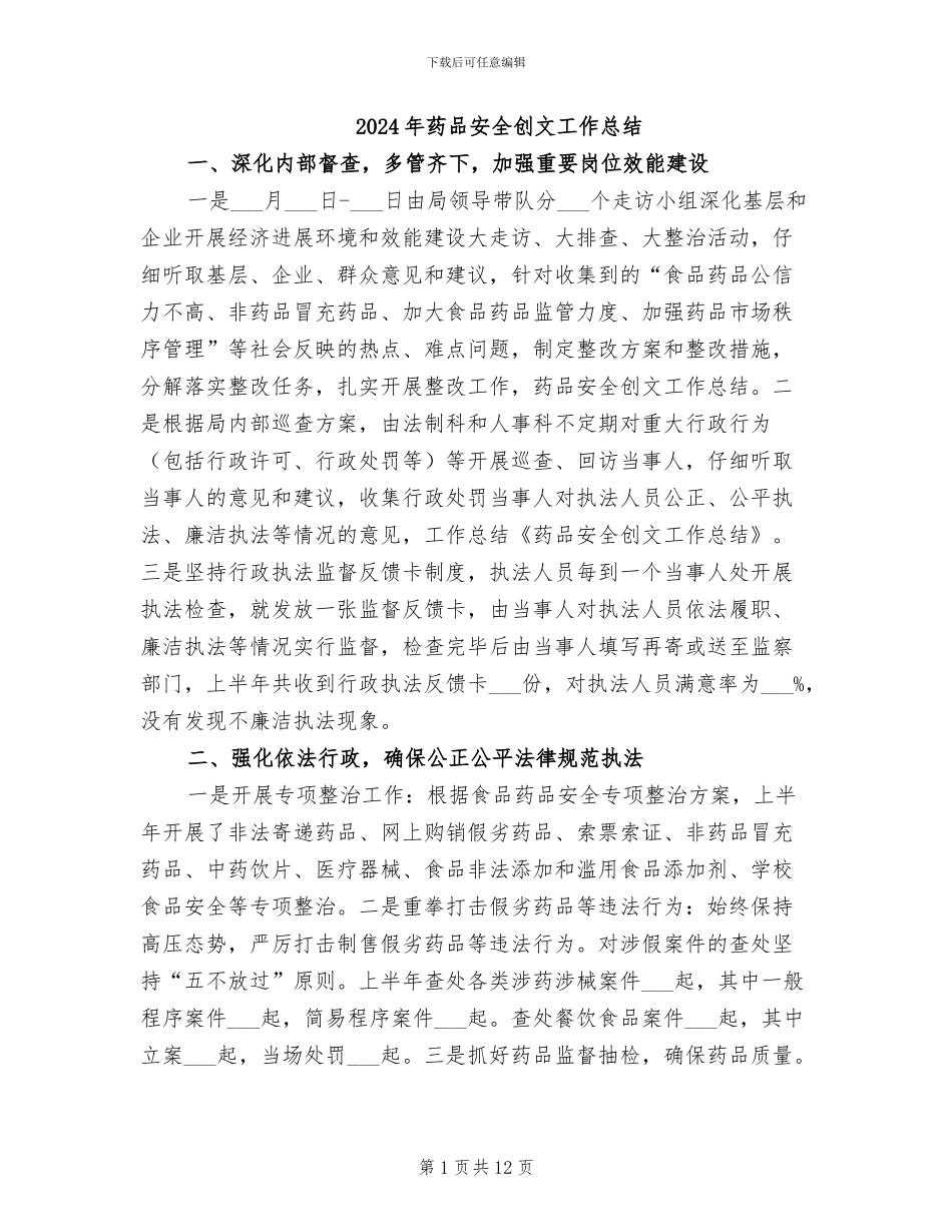 2024年药品安全创文工作总结_第1页