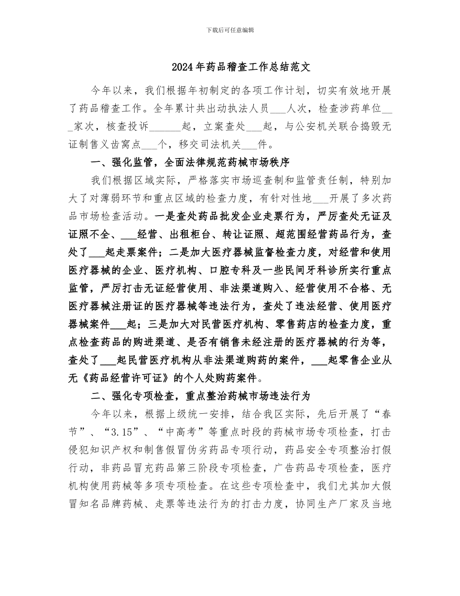 2024年药品稽查工作总结范文_第1页