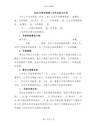 2024年药品销售上半年总结与计划