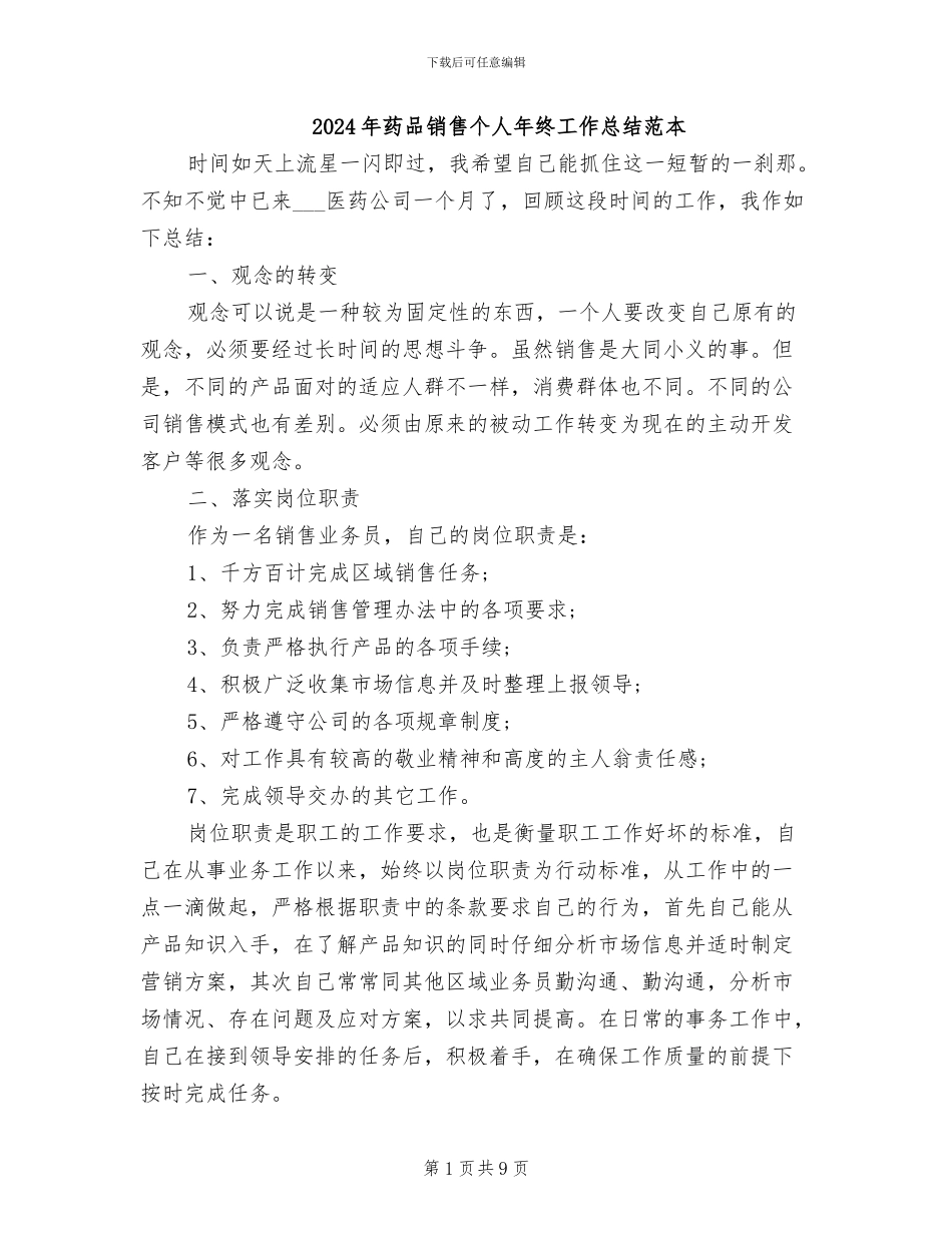 2024年药品销售个人年终工作总结范本_第1页
