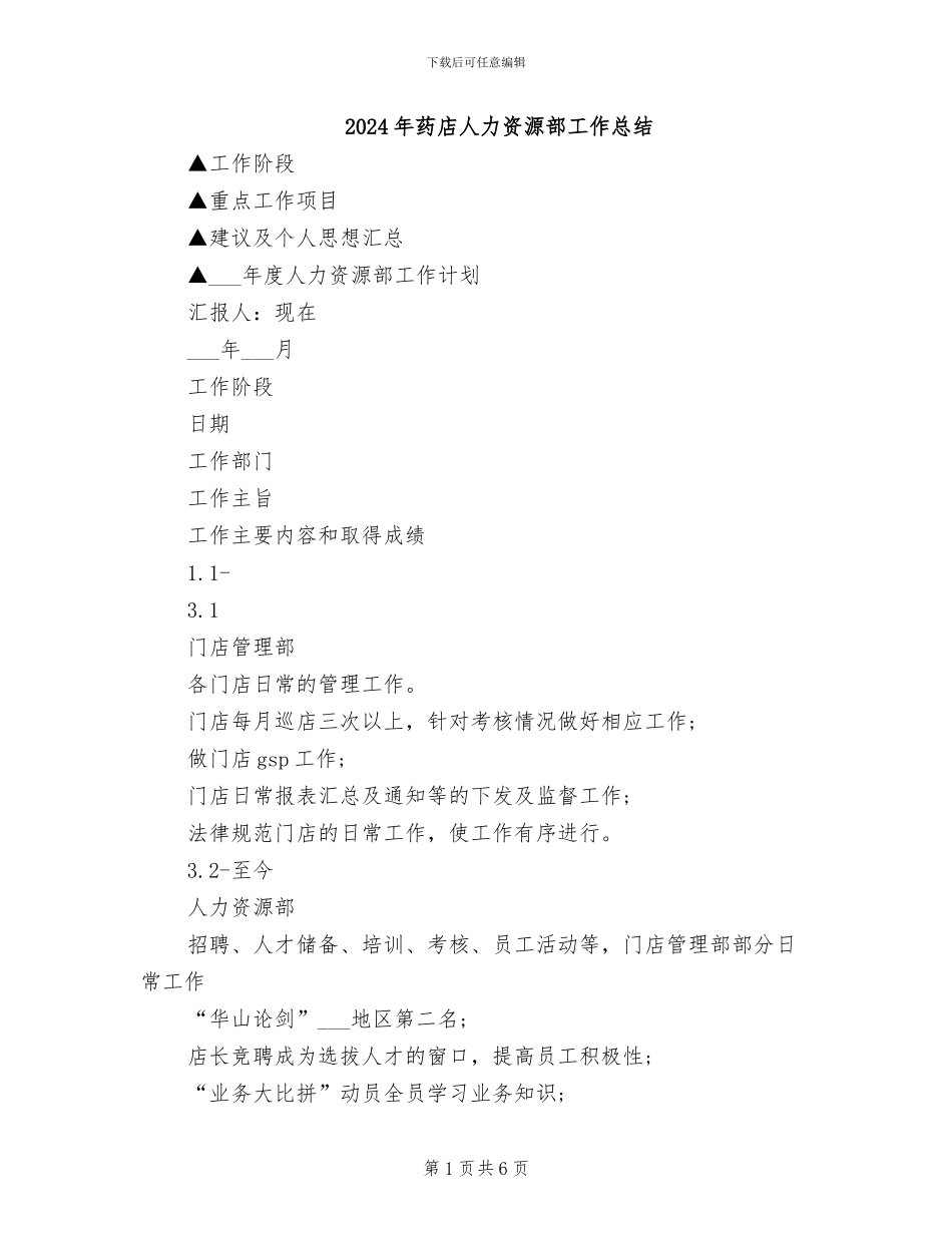 2024年药店人力资源部工作总结_第1页