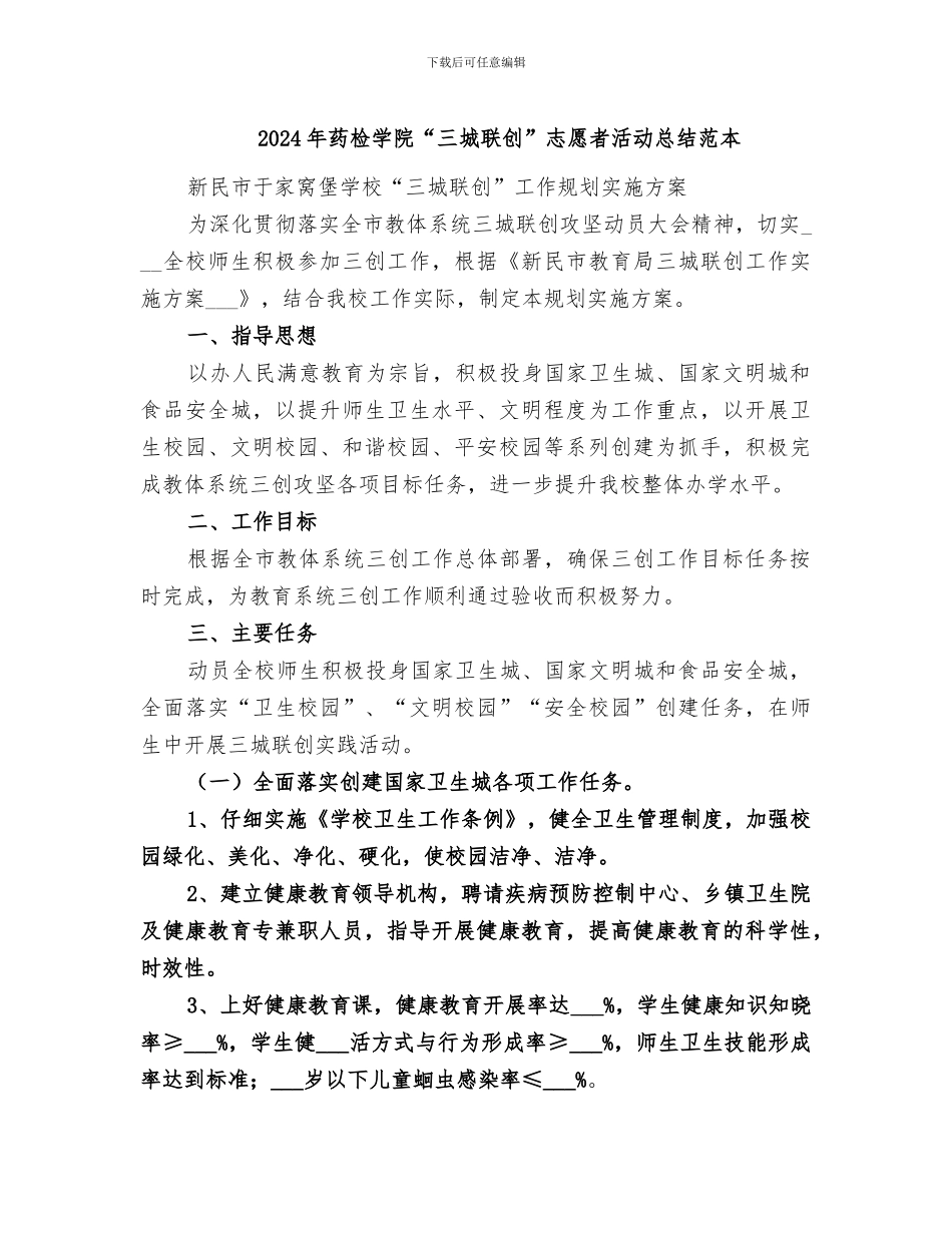 2024年药检学院“三城联创”志愿者活动总结范本_第1页