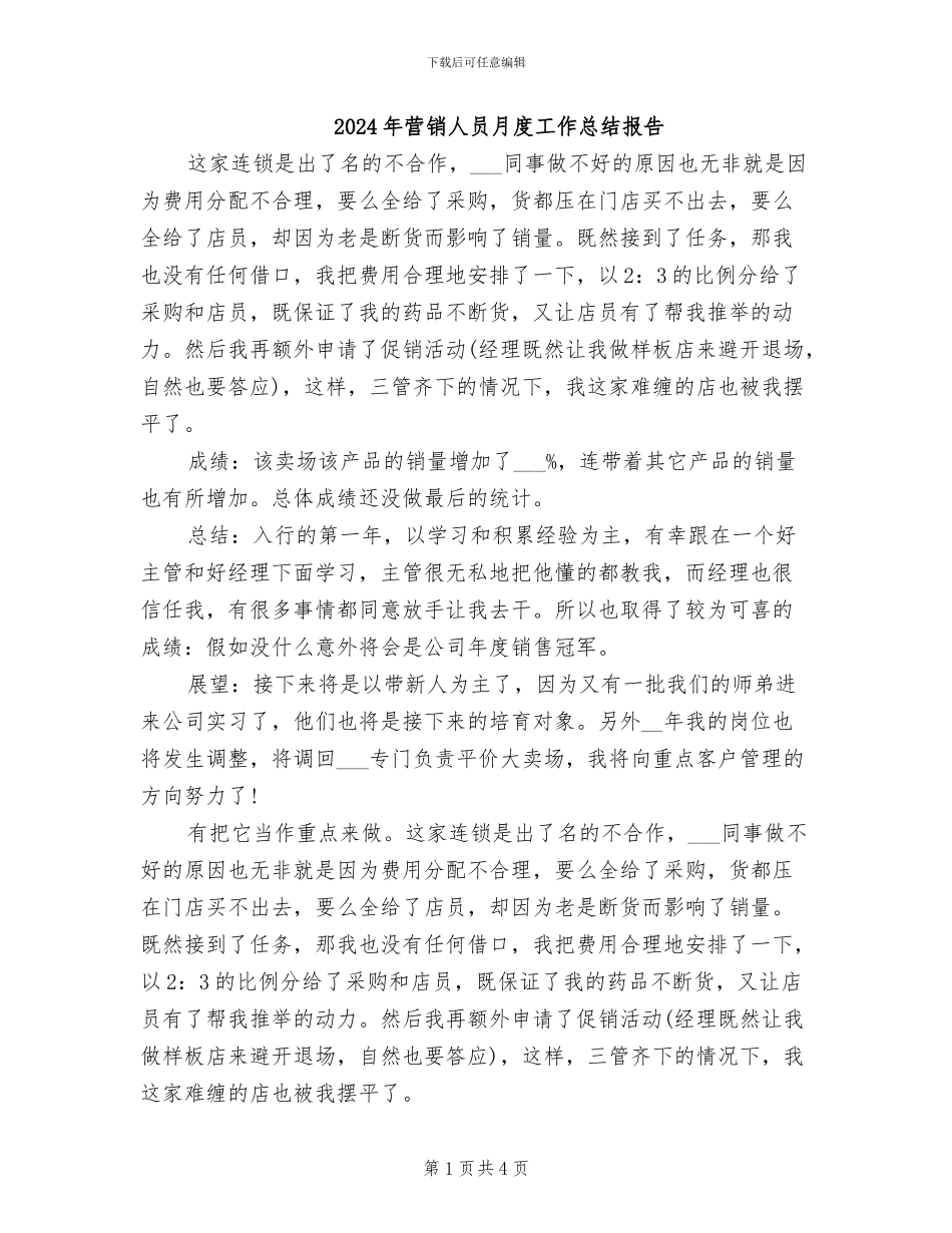 2024年营销人员月度工作总结报告_第1页